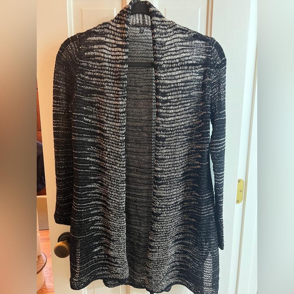 EUC EILEEN FISHER Black White Ivory Open-Front Cardigan Open Knit Thin Sweater